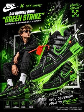 Nike x Off-White Air Rubber Dunk "Green Strike" features a striking black/Green!
